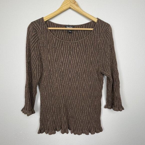 Objects D’Art Petite PL Brown Gold Ribbed Ruffle Top Boatneck Whimsigoth Y2K Gla - Picture 1 of 7